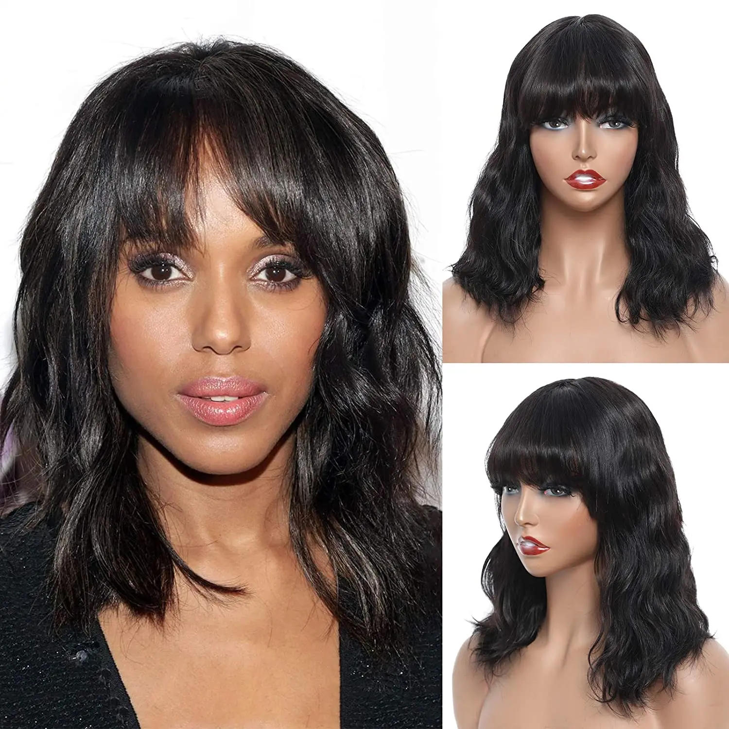 

WIGERA Synthetic High Quality Hot Sales Short Black Wavy Bob Wig With Bangs For Women Natural Hair Wavy Wigs