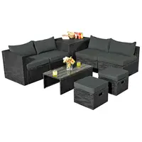 Patiojoy 8PCS Patio Rattan Furniture Set Storage Table Ottoman Grey  HW68605GR+