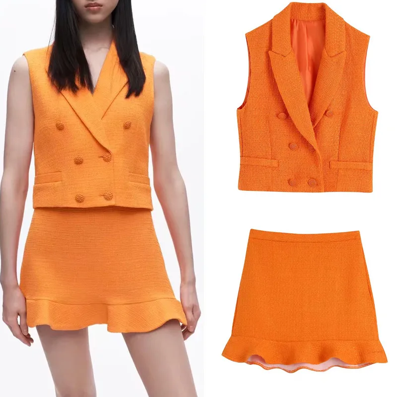 

2022 Summer New Women's Double Breasted Sleeveless Vest Jacket Woven Textured Skirt Short Skirt Set