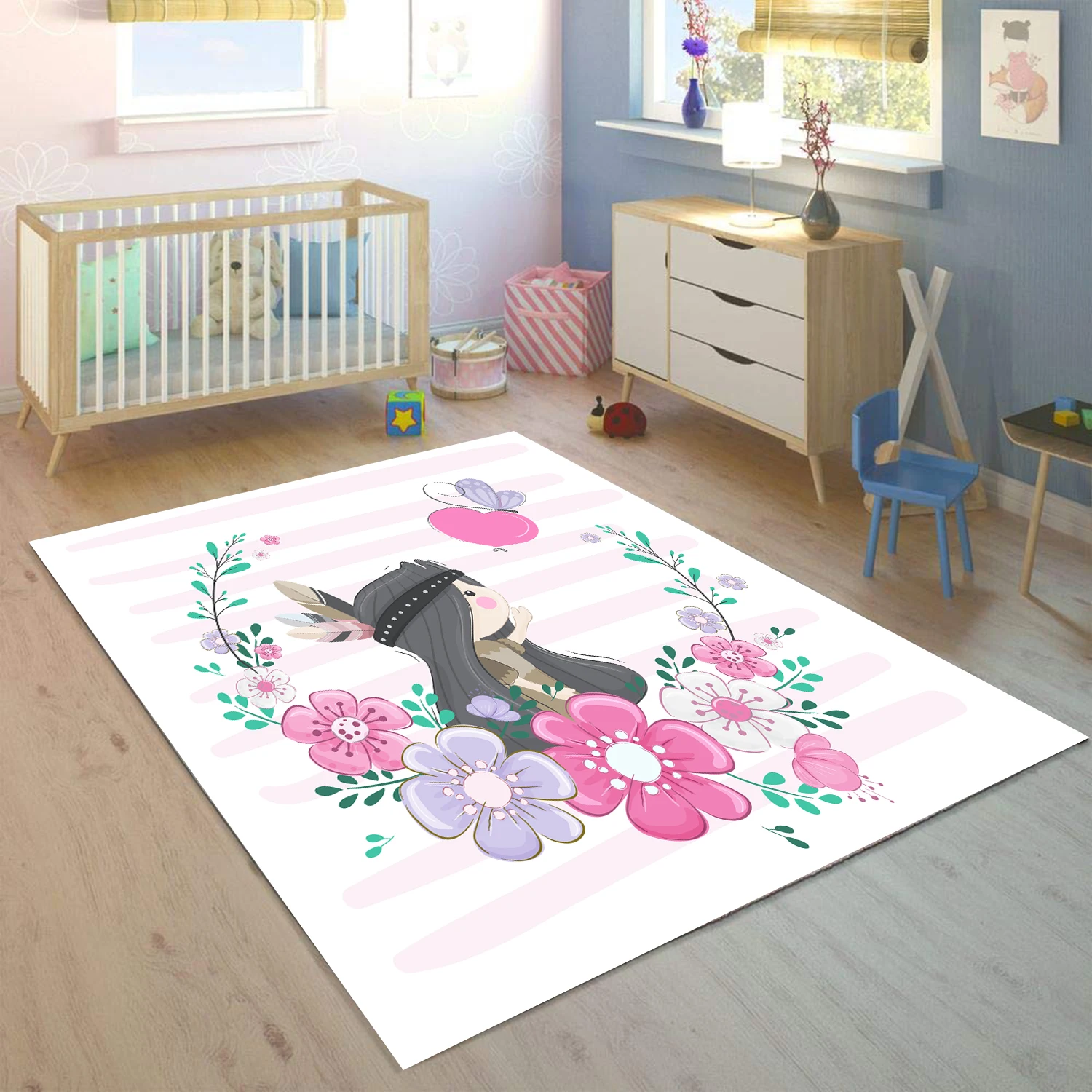

Else Pink Florals Flowers on Bohemian Girl 3d Print Non Slip Microfiber Children Kids Room Decorative Area Rug Kids Mat