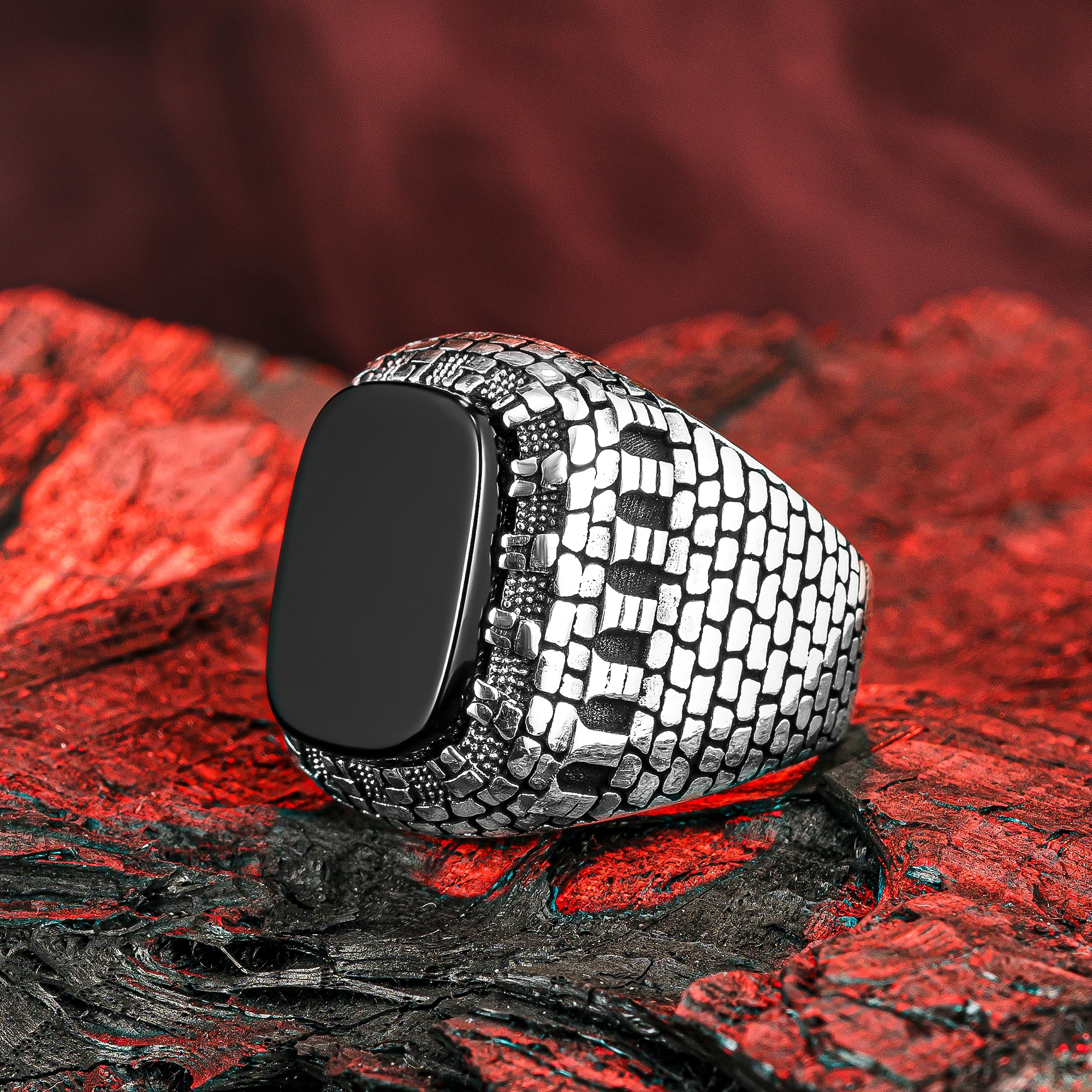 

Solid 925 Sterling Silver Men Ring with Raw Square Black Onyx Stone and Castle Figure Ring Natural Gemstone Ring