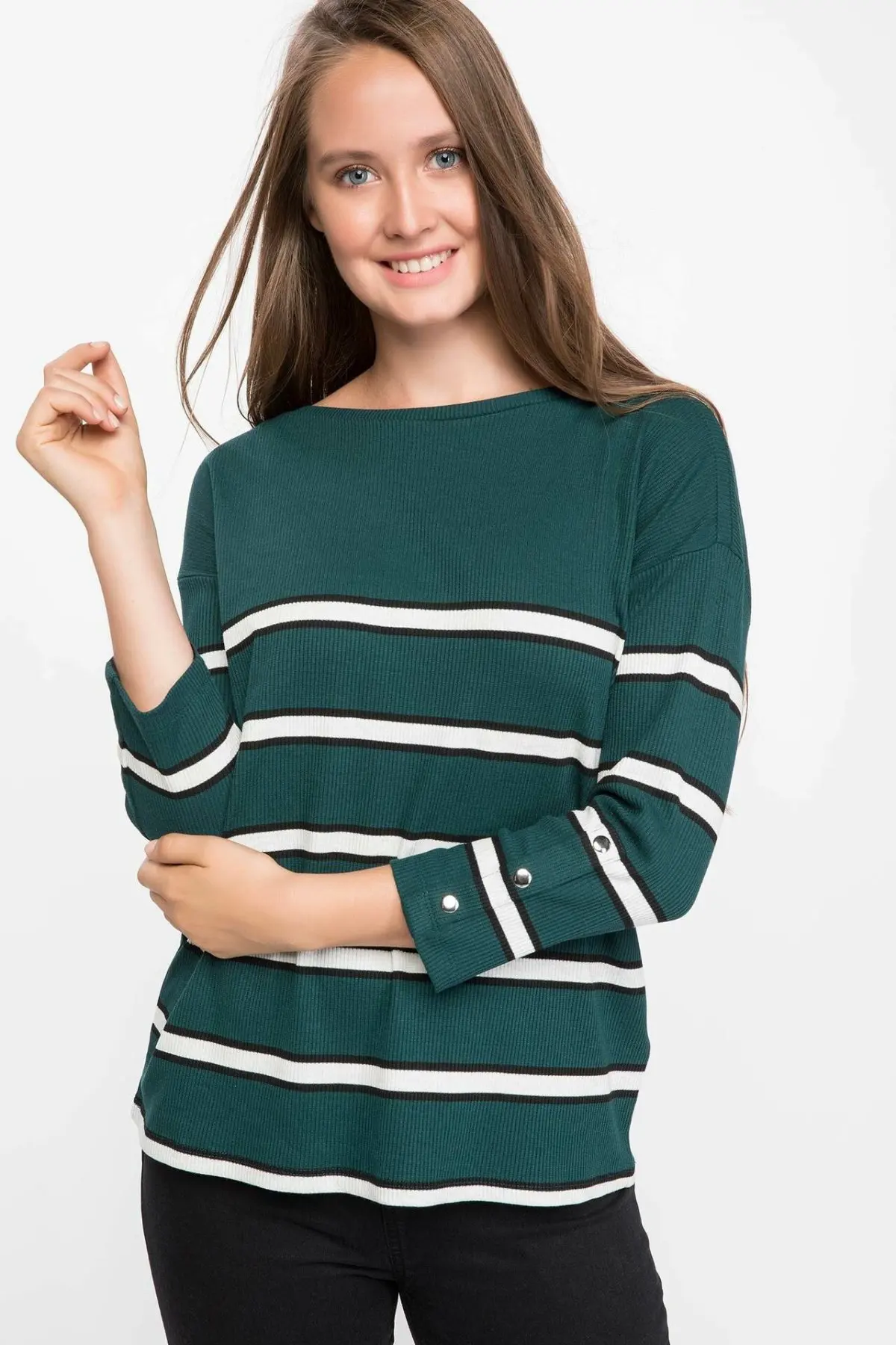 Дефакто женские пуловеры свободные с длинным рукавом полосатые повседневные