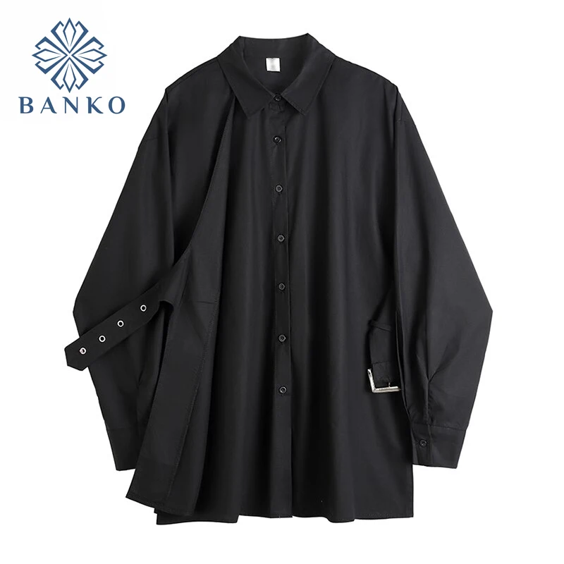 

2021 Summer Gothic Blouse Women Black Harajuku Oversize Long Sleeve Single Breasted Loose Punk Streetwear Goth Shirts Female Top
