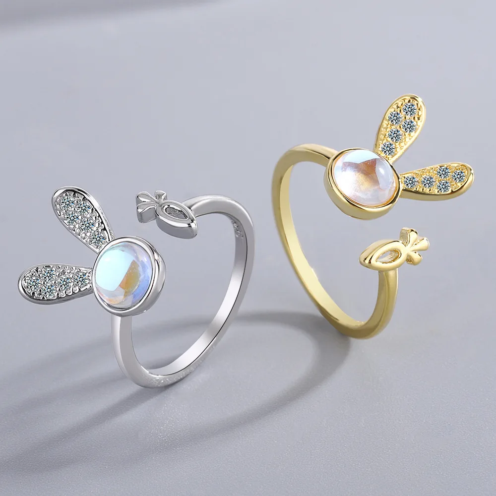 

Sweet Cute Rabbit Animal Rings For Women Moonstone Zircon Tail Little Evil Adjustable Finger Ring Female Party Birthday Jewelry