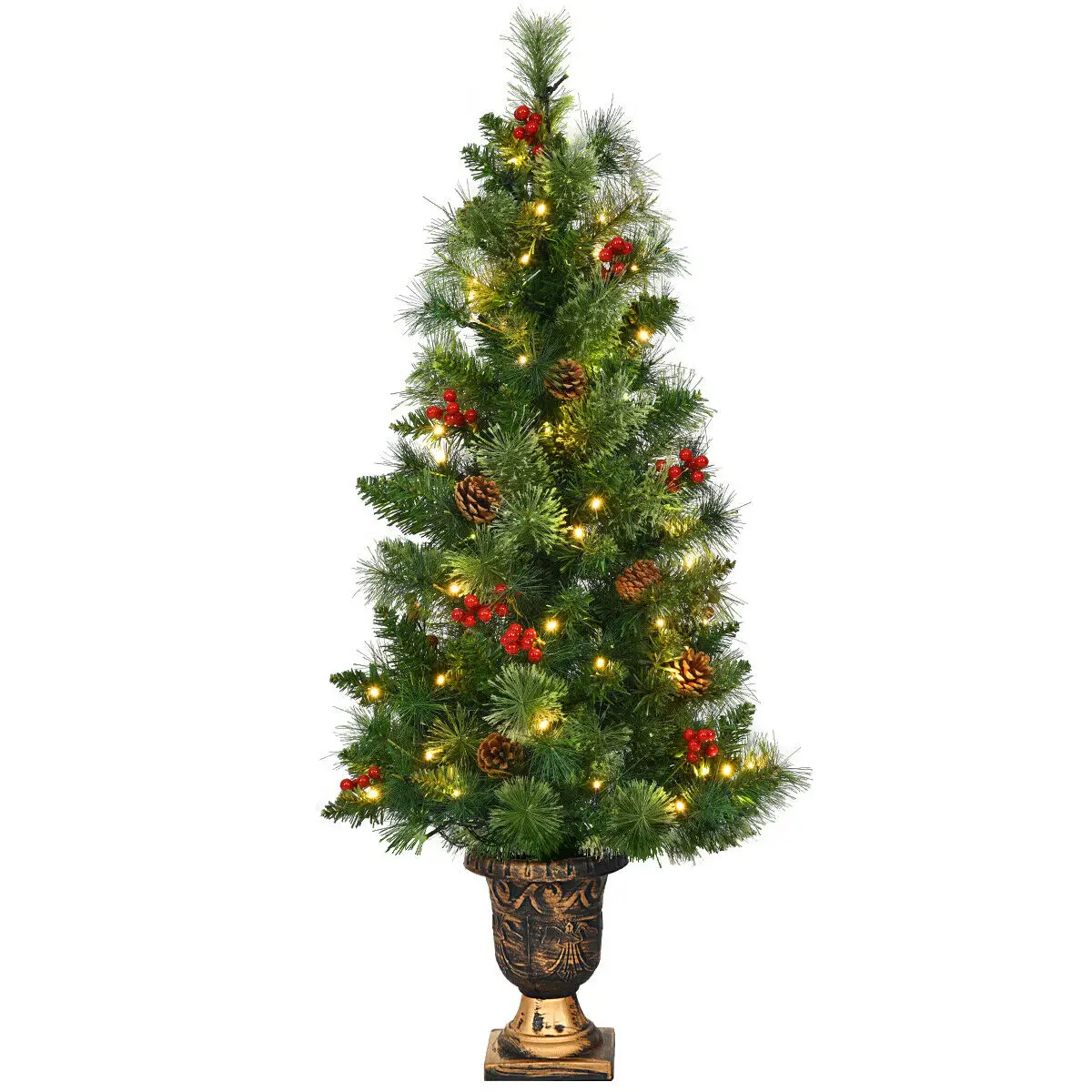 

Предварительно подсвеченная Рождественская Входная елка в урне 3 фута с 40 светильник осветодиодный, красные ягоды, сосна, конус CM20674
