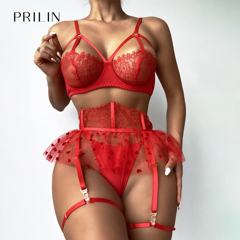 

PRILIN 2022 Summer New Red Sexy Lingerie Heart Women Girls Push Up Underwire Bras Lace Dress Garter Leg Straps Porno Underwear