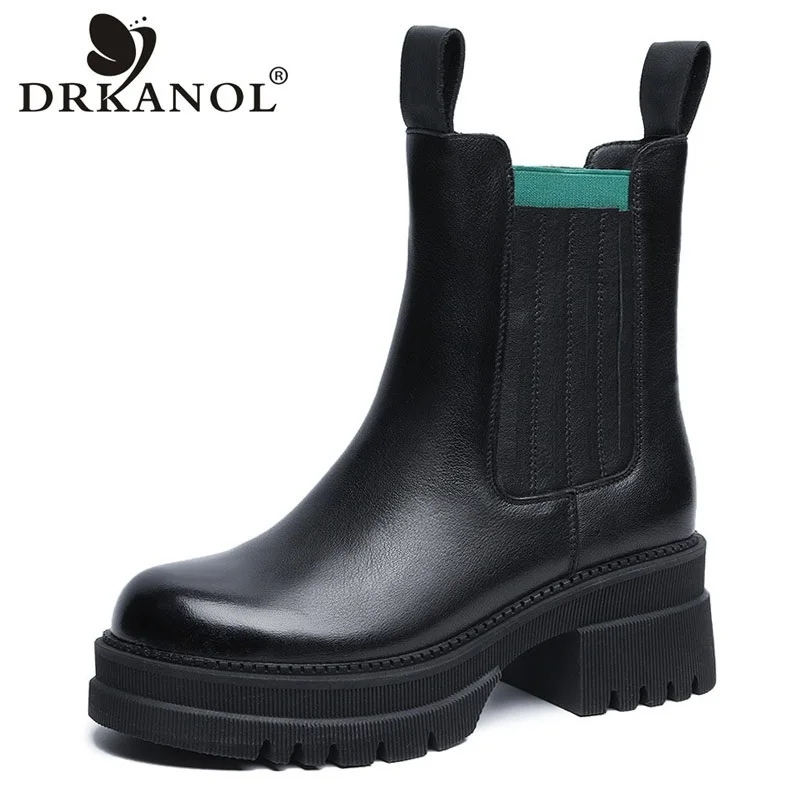 

DRKANOL Fashion Chunky Platform Chelsea Boots Women Genuine Cow Leather Elastic Band Thick High Heel Leisure Winter Warm Boots