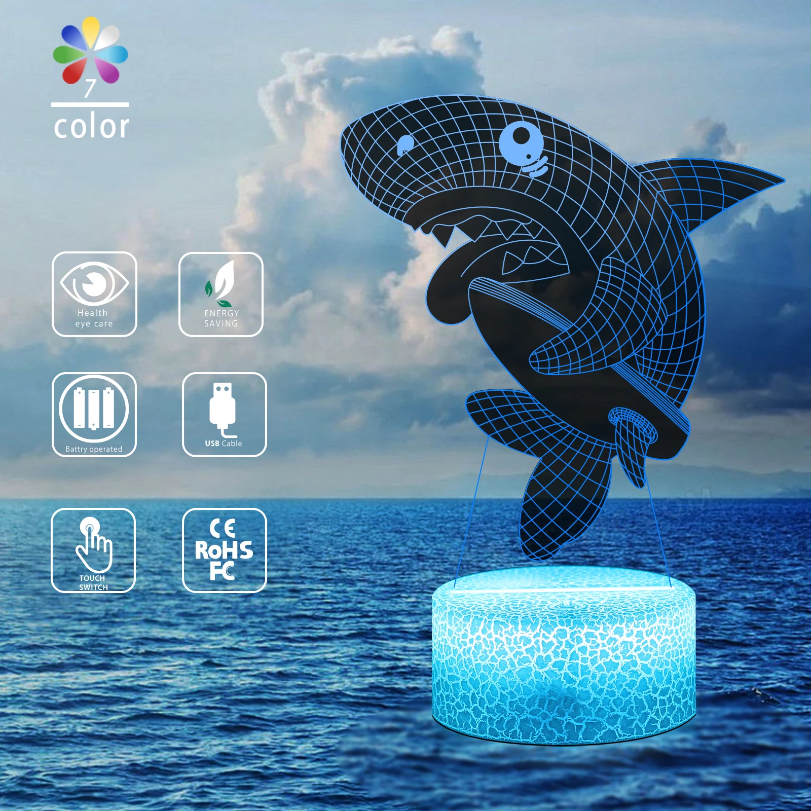 

3D Night Light Lamp Gaming Room Desk Setup Decor Table Touch 7 Color Shark Animated Cartoon Sensor Kids Child Gift Birthday Xmas