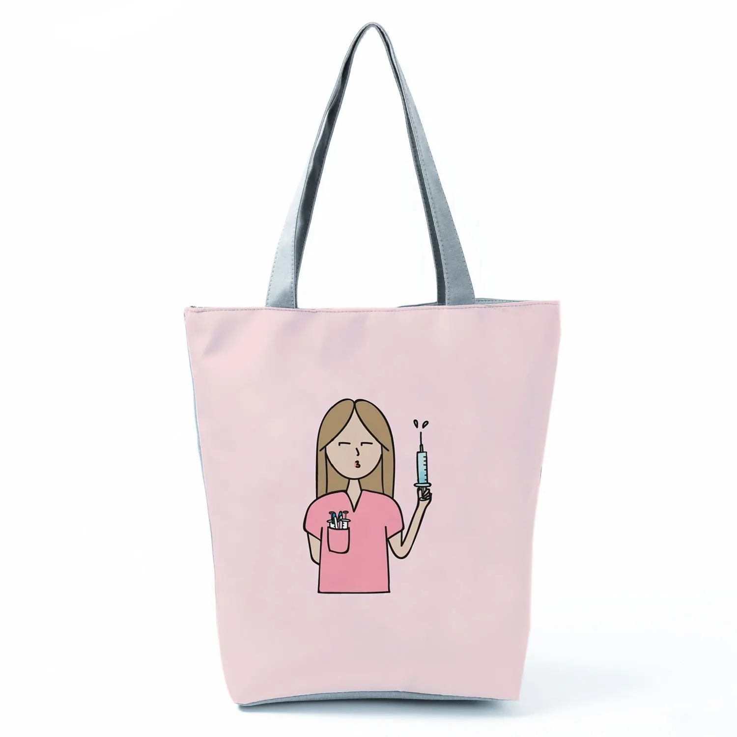 Nurse Needle Tubing Pattern Printed Customized Eco Shopper Polyester Totes Bags Women's Handbag Reusable Grocery Bag Pretty Gift