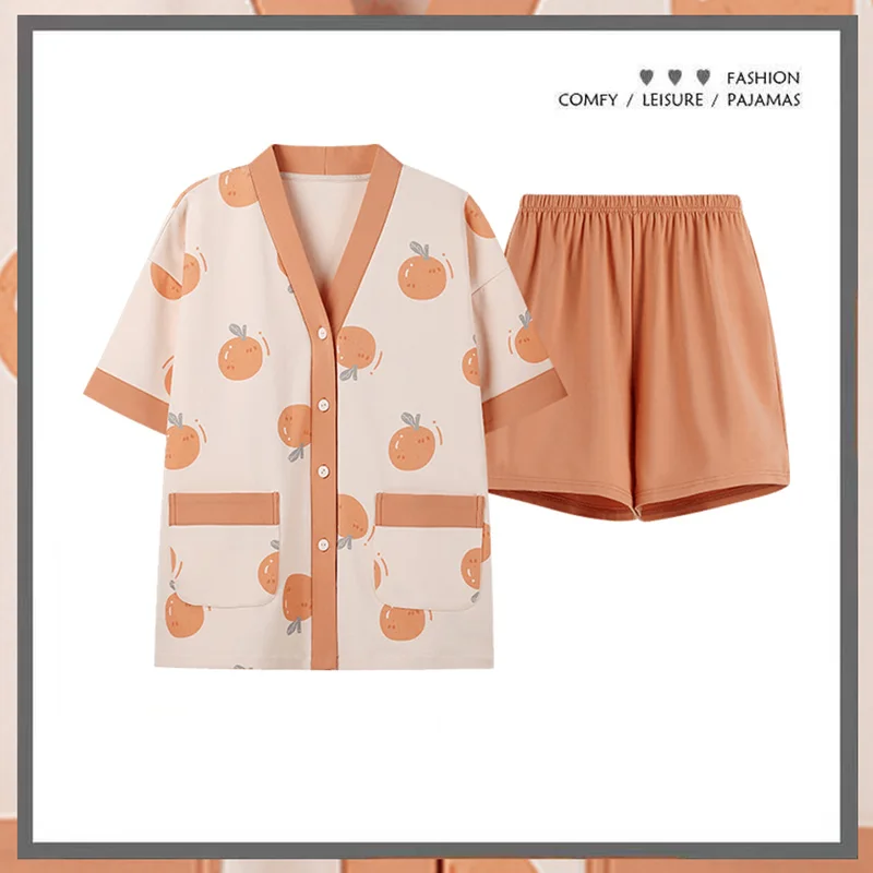 

2022 Pajamas Set Woman Lovely Orange Style Sleepwear Pajamas Suit Female Homewear Two Piece Loungewear 2pcs Nightgown