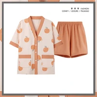 2022 pajamas set woman lovely orange style sleepwear pajamas suit female homewear two piece loungewear 2pcs nightgown