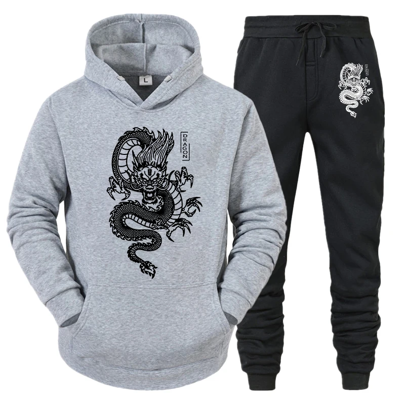 Men Tracksuit Set Hoodie+Pant 2022 Spring Winter Dragon Print Casual Fleece Sweatshirt Sportwear Homme Streetwear Men Clothing