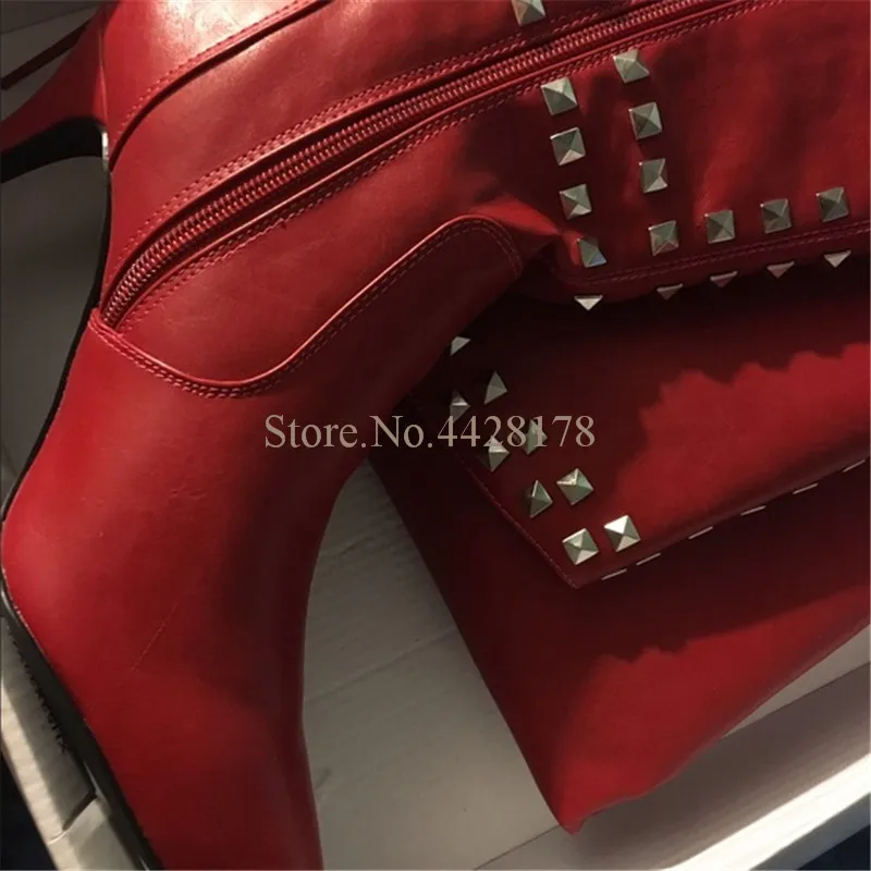 Модные красные сапоги до бедра из искусственной кожи с заклепками зимние женские