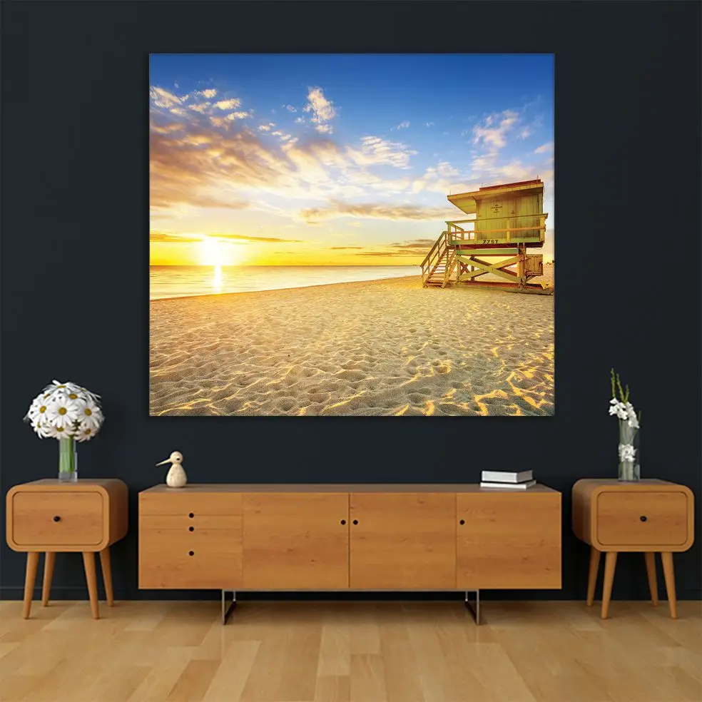 Tapestry Miami South Beach Sunrise Lifeguard with Tower Coastline Colorful Cloud Scenery Blue Yellow Beige | Дом и сад