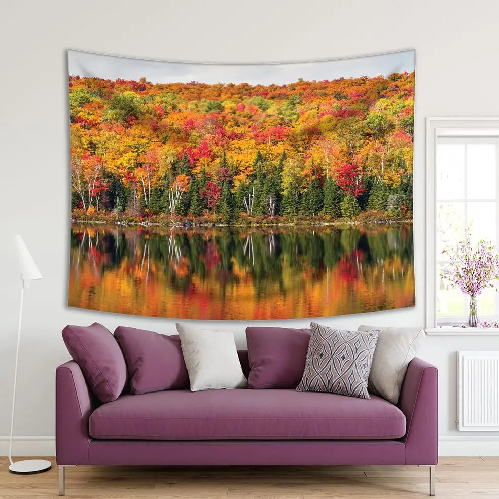 

Tapestry Lakeside Trees Forest Reflection on Water Autumn Scene Green Orange Red Nature Waterscape Printed