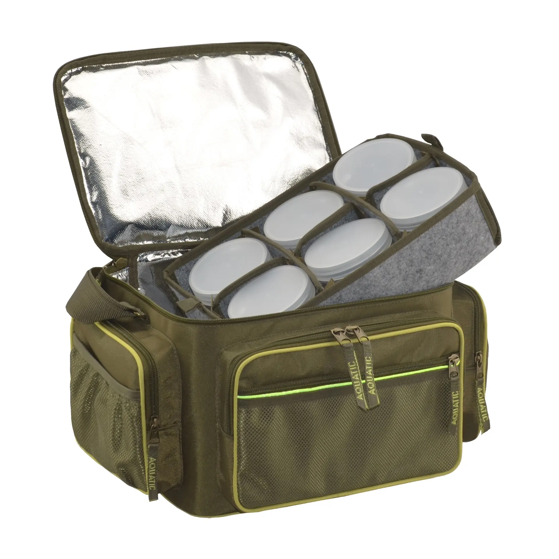 Fishing Thermo bag with banks 18 PCs for storing dips and nozzles aquatic C-43 (32x23x27 cm) |