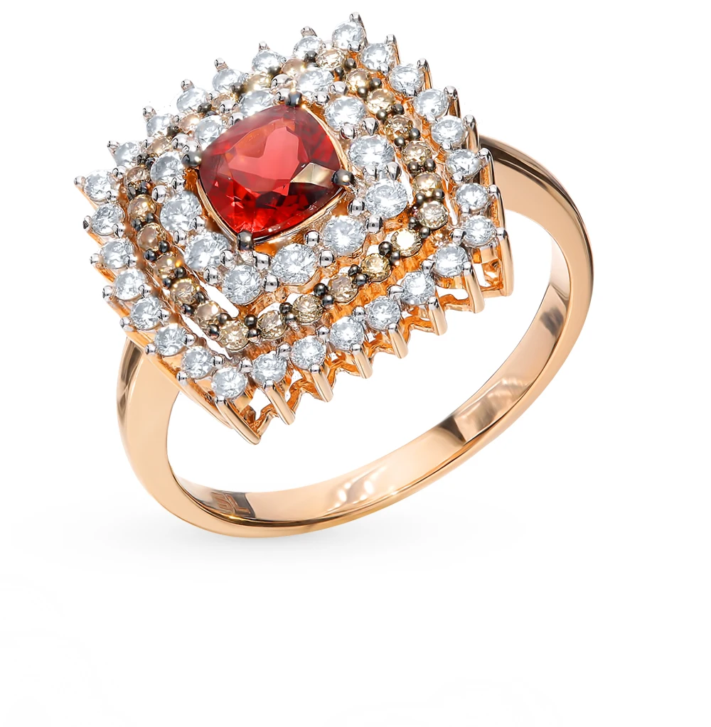 Золотое кольцо с коньячными бриллиантами гранатом SUNLIGHT проба 585 | Украшения и