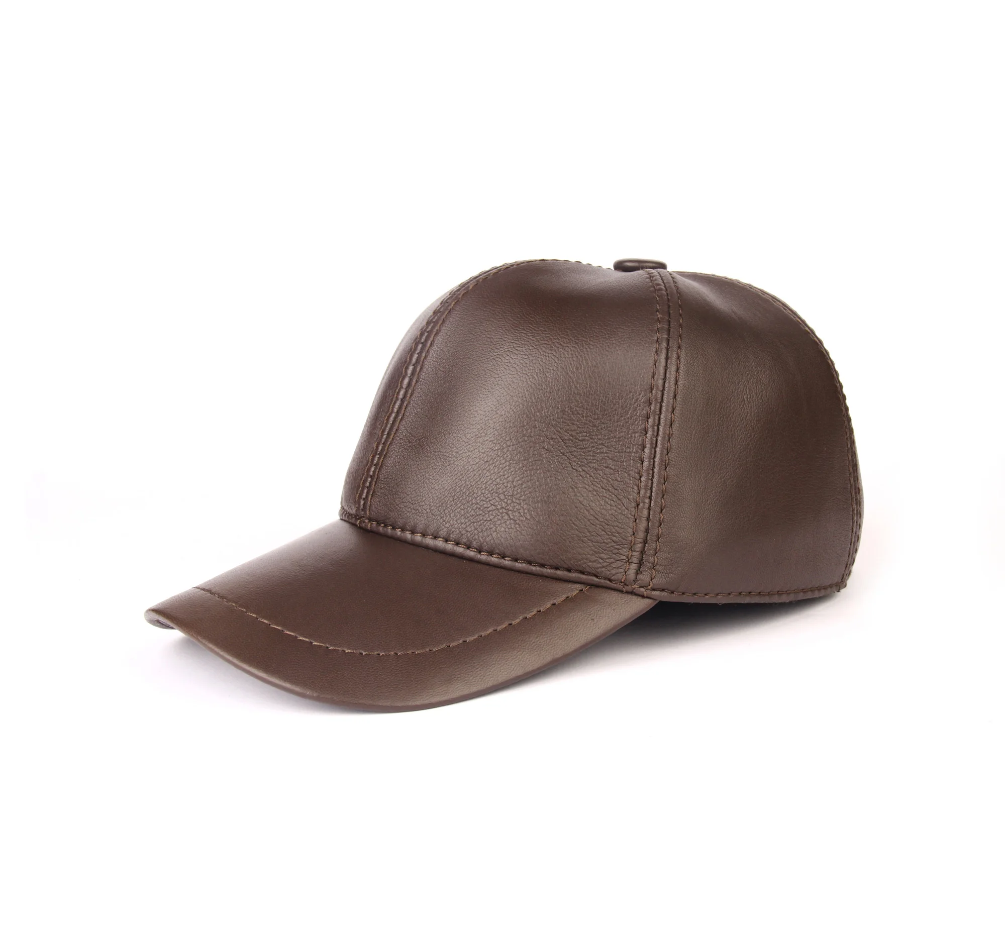 Handmade Brown Baseball Caps for Cold Winter Autumn with Real Sheep Skin Leather, Woolen Inside, Ear Covers, Men's Accessories