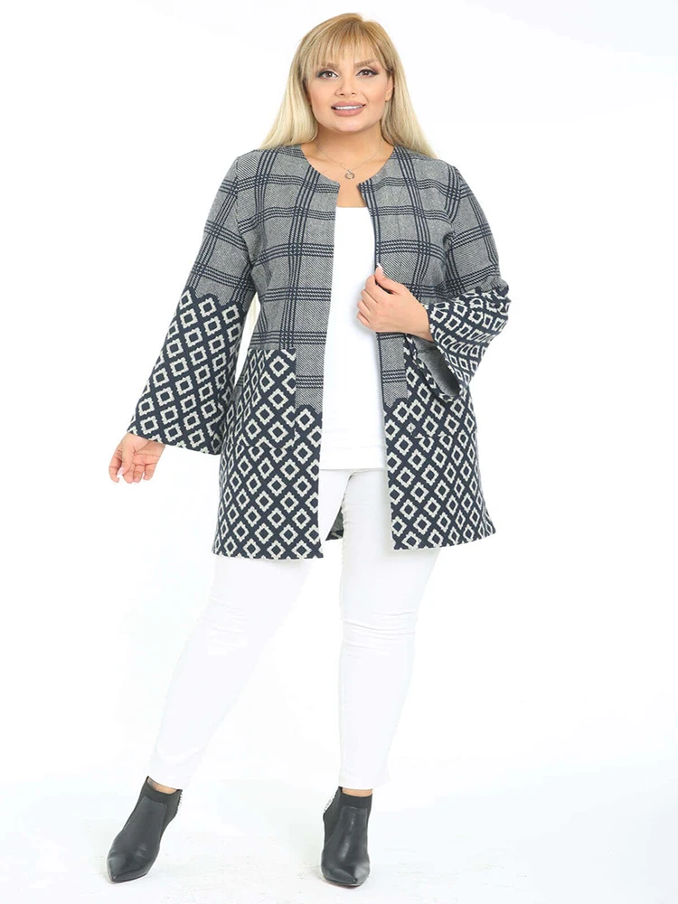 Checked Patterned Plus Size Jacquard Fabric Jacket 2022 New Fashion Women's Winter Elegant Style Outwear 6xl 7xl 2 Color Options