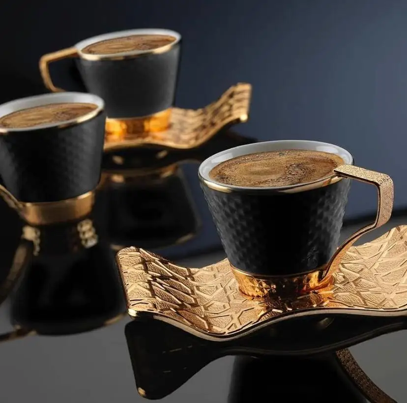 12 Pcs Coffee Cup Porcelain 6 Set Gorgeous Turkish Coffee Cup Porcelain Gold Black Coffee Cup Tea Set in Espresso Coffee Cup