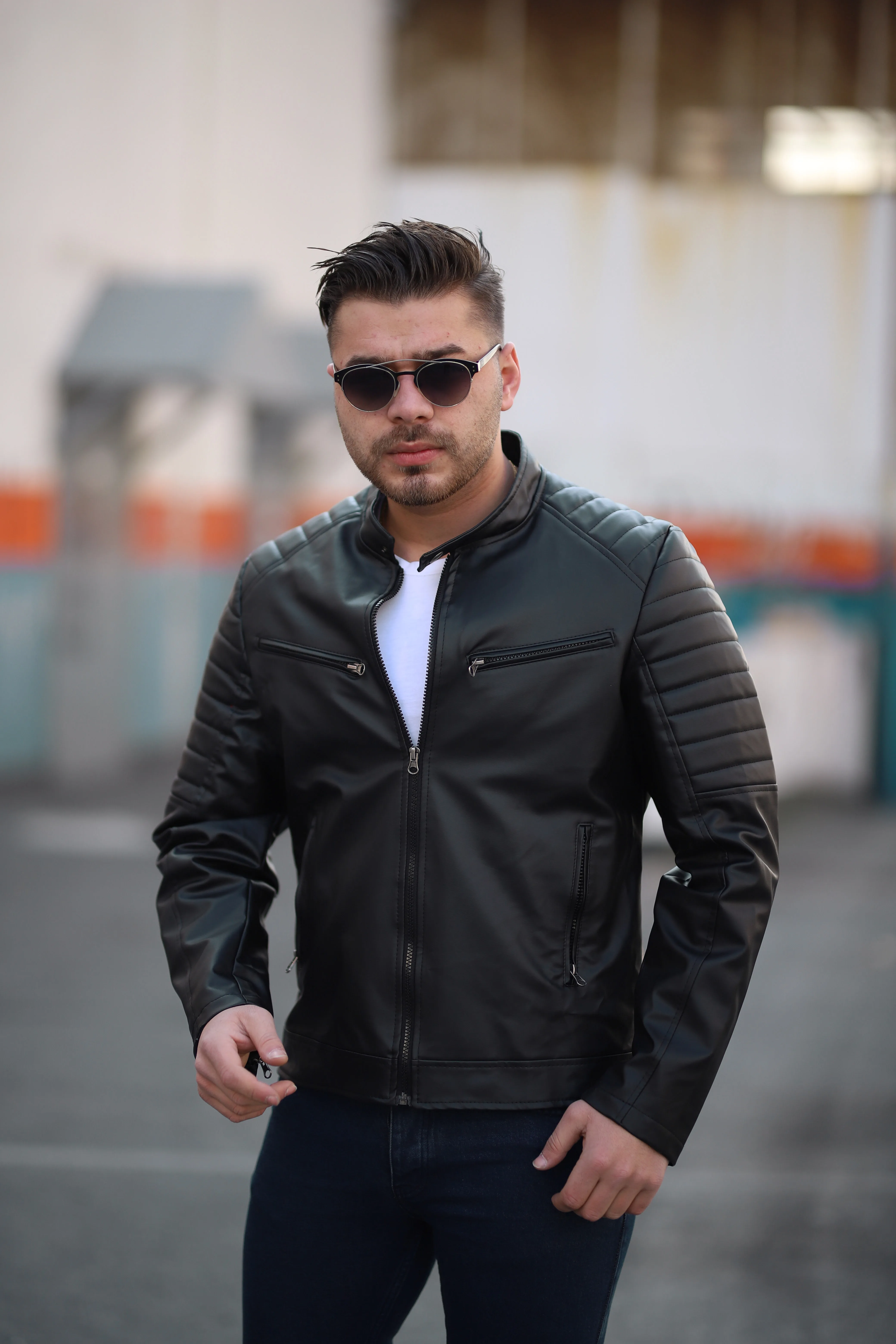 

Slim Fit Narrow Cut Breast Pockets Casual Men Leather Jacket Coat 7029