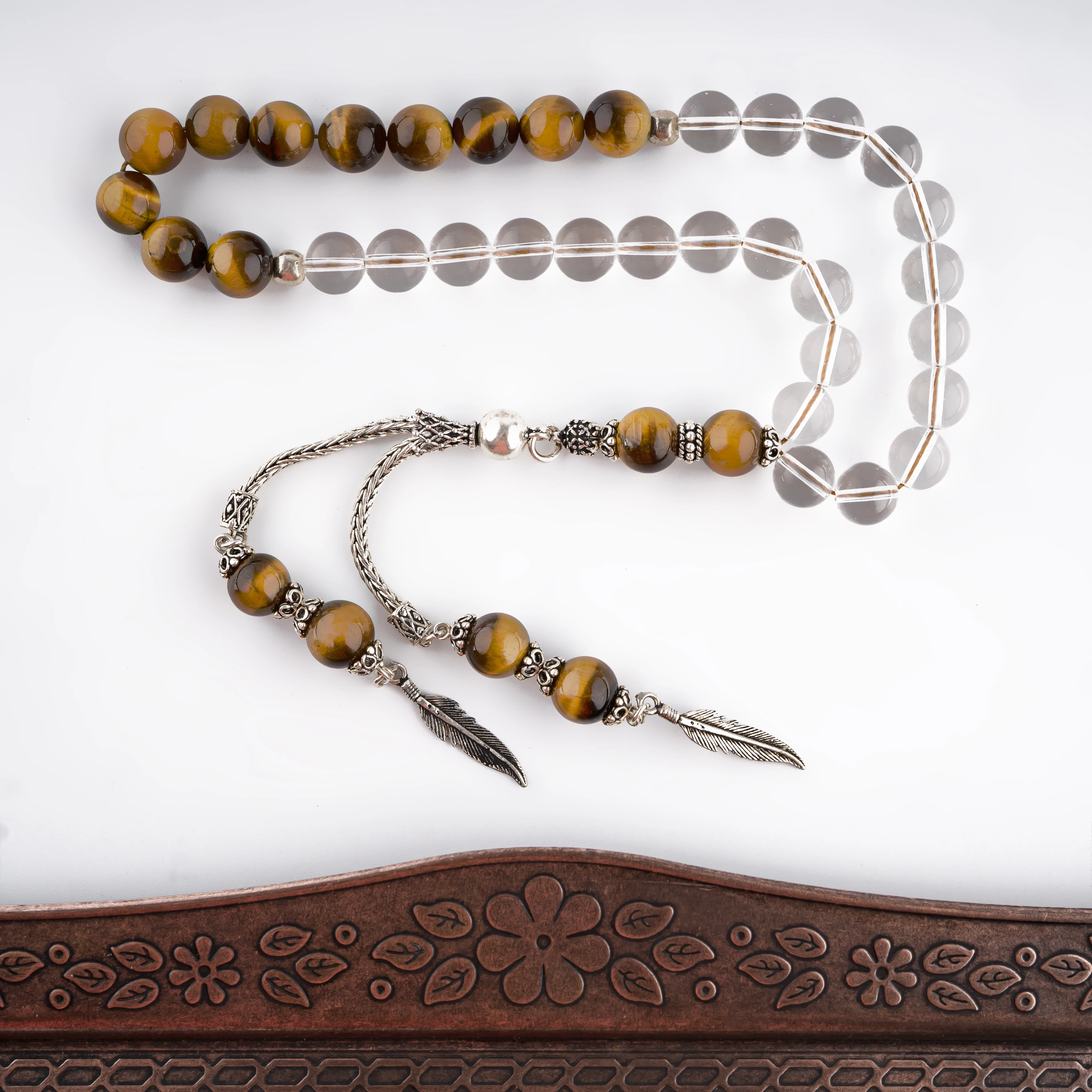 High Quality rosary 925Silver Accessories For Men Tassel Original Tiger Eyes stone 33 Pcs Rosary size 10mm White and Brown color