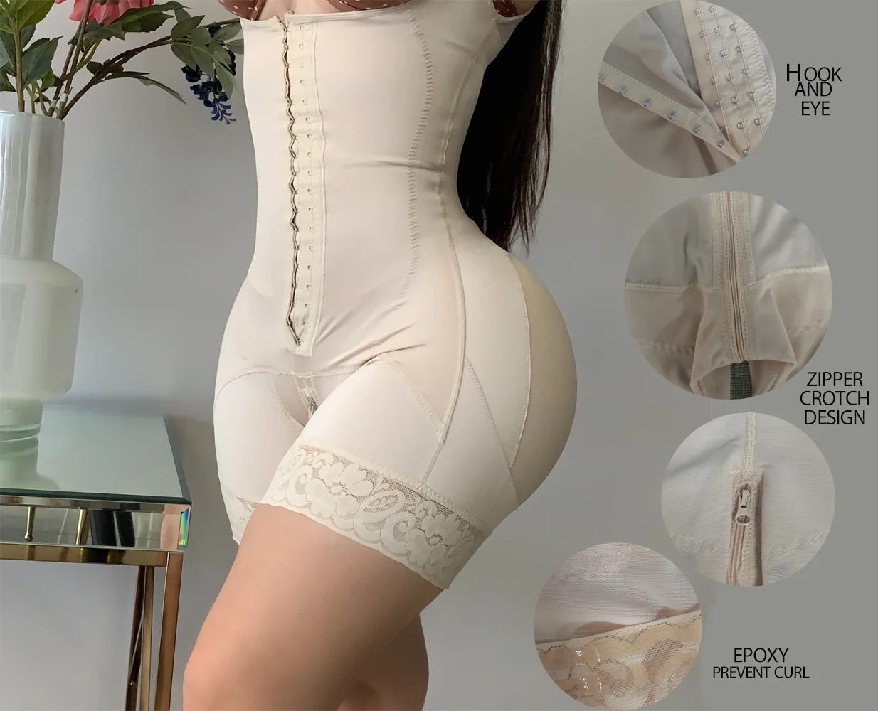 High Waist Beige Butt Lifter with Hooks and Eyes Zipper Women Shapewear Underwear Skims Tummy Control Postpartum BBL Fajas