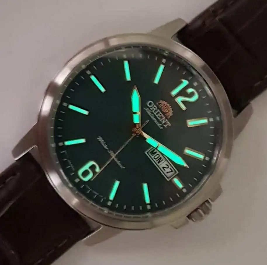 Авто часы мужские Orient пригородных RA AA0C06E зеленый кожаный ремешок|Мужские
