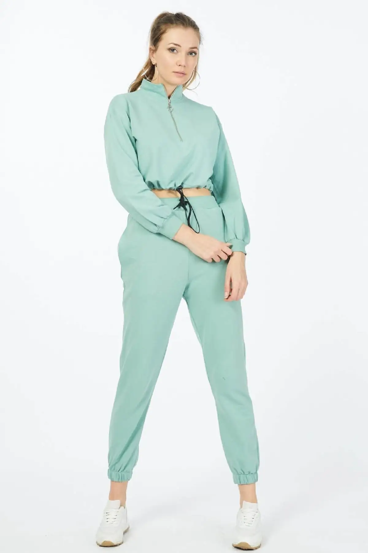 ADROM Kadın Siyah Göbeği Açık Nikel Fermuarlı Eşofman Takımı