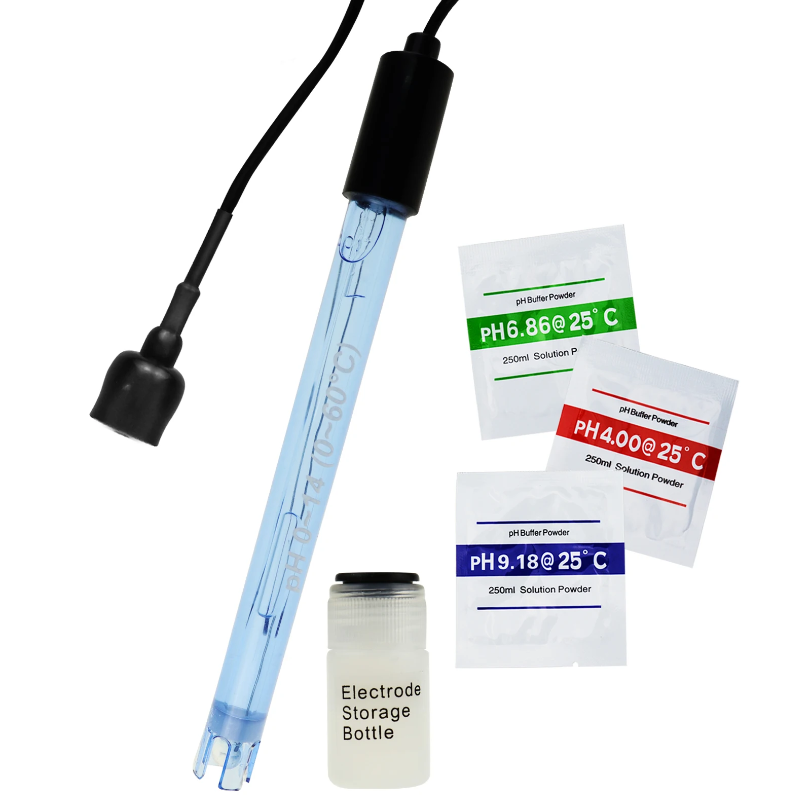 

pH Electrode w/ Long 50 Ohm BNC Connector Cable & Calibration Powder, 0~14 pH Measurement Range for Sea Water and Acid Rain