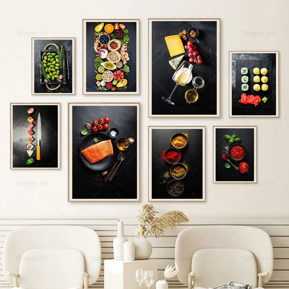 

Raw Fish Cheese Sushi Spices Foods Canvas Painting Prints Scandinavian Poster Wall Art Picture for Restaurant Home Kitchen Decor