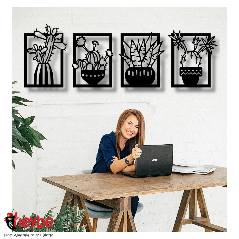 Деревянный набор из 4-х цветущих кактусов для украшения стены идеи подарка качества черный современный природа пустыня дом офис северный стиль спальня гостиная.