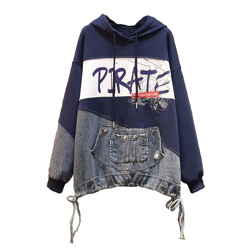 

Autumn Leisure Age Reduction Loose 2021 Ladies Round Tie Hat Harajuku T-shirt Printing Stitching Denim Retro Jacket