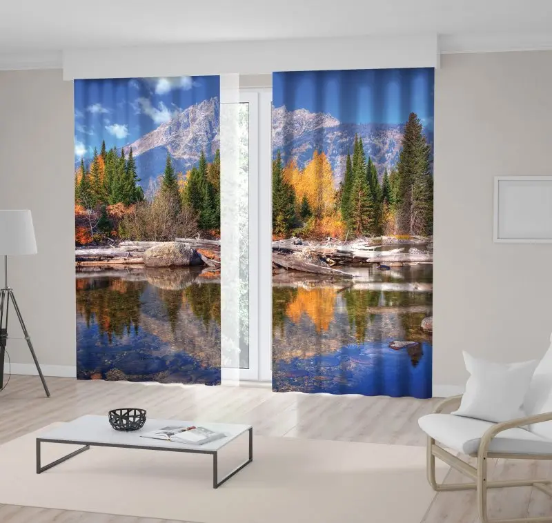 

Curtain Trees Stones Mountain Teton Range Reflection on Jenny Lake Wyoming USA Blur Green Yellow Nature Scenery Print