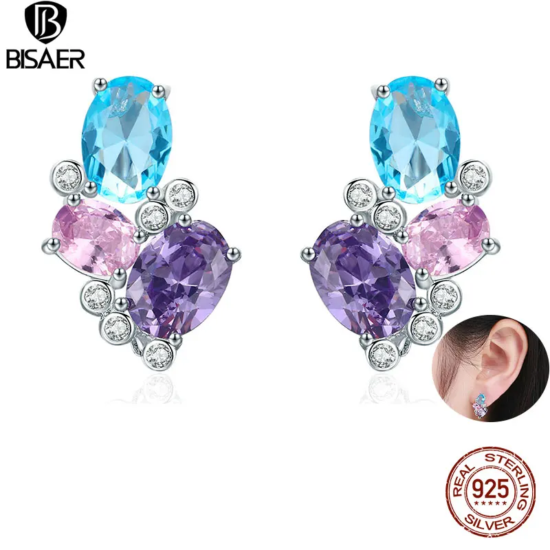 

BISAER Authentic 925 Sterling Silver Geometric Stud Earrings Simple Geometric Earrings Stud Women Sterling Silver Jewelry ECE579