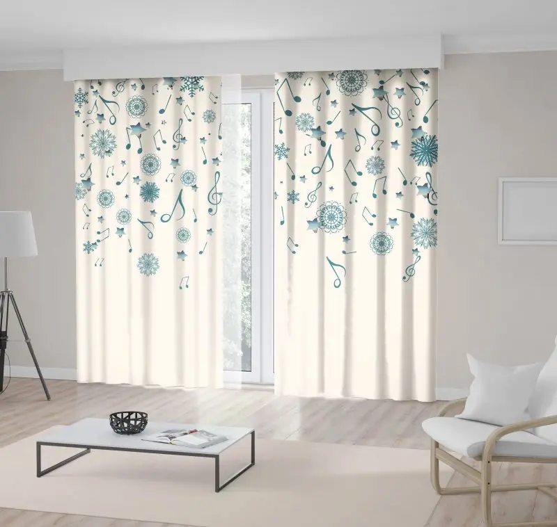

Curtain Christmas Musical Theme Artwork with Music Notes and Snowflakes White and Blue Print