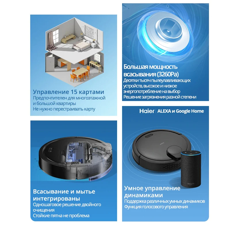 Haier jc55 (hce02h) 3200pa robot vacuum cleaner for dry and wet cleaning with TOF laser navigation Alexa Google Home app | Бытовая