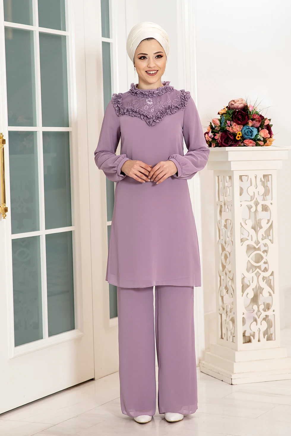 Summer 2021 2 piece Set muslim women turkey Lace Abaya blouse wide leg pants Kaftan Eid suit Islamic clothing djellaba