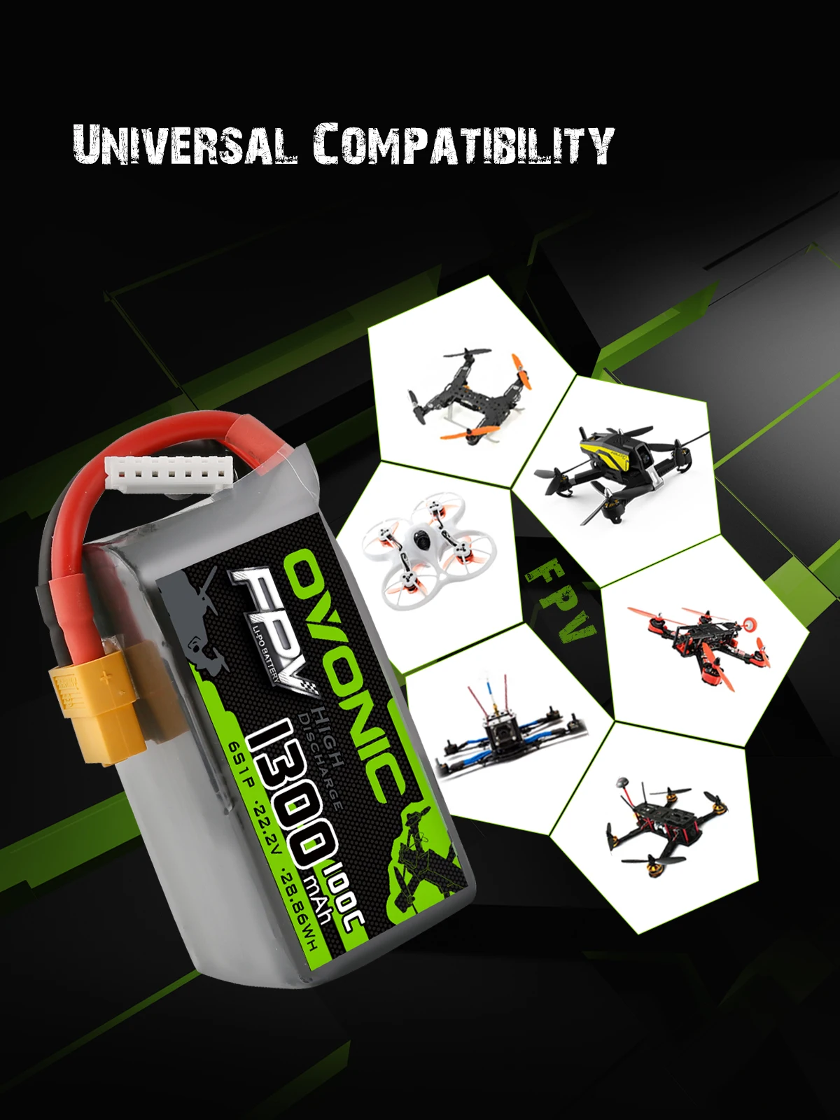 OVONIC-bater&iacute;a LIPO 6S FPV para Dron de carreras, 1300mAh, 100C, 22,2 V, enchufe XT60 para cuadric&oacute;ptero, helic&oacute;ptero, UAV, bater&iacute;as de avi&oacute;n-3
