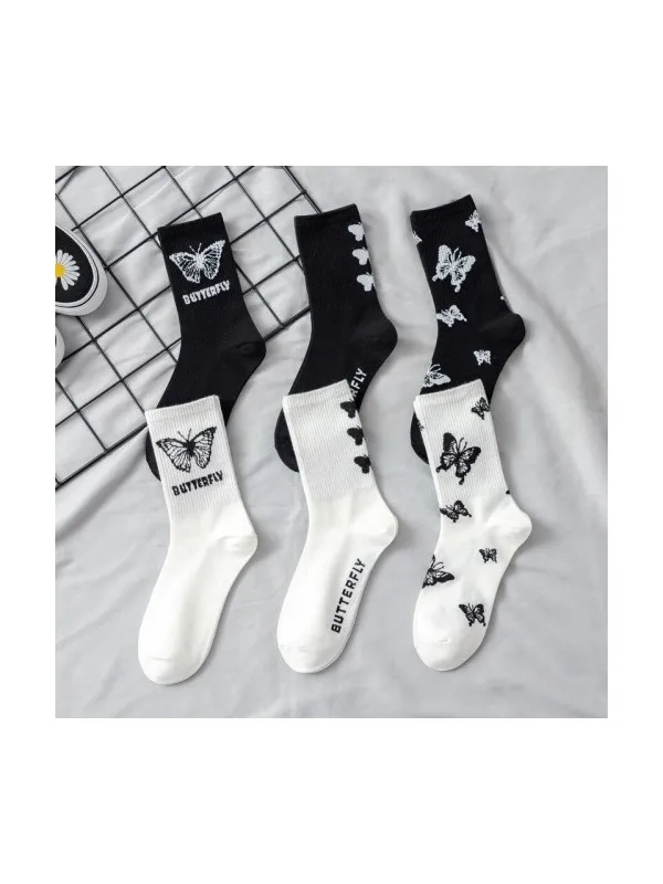 

6 double Butterfly Pattern Black White Women 'S Socks Women 'S Clothing Women 'S fashion 2021 Spring Summer Collection Hot Sale