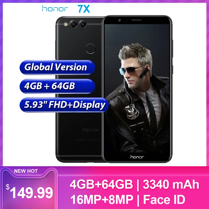 Мобильный телефон Honor 7X Face ID, 5,93 дюймов, 2160*1080 P, 4 гб, 64 гб, четыре ядра, две тыловые камеры, 3340 мач, смартфон с отпечатком пальца