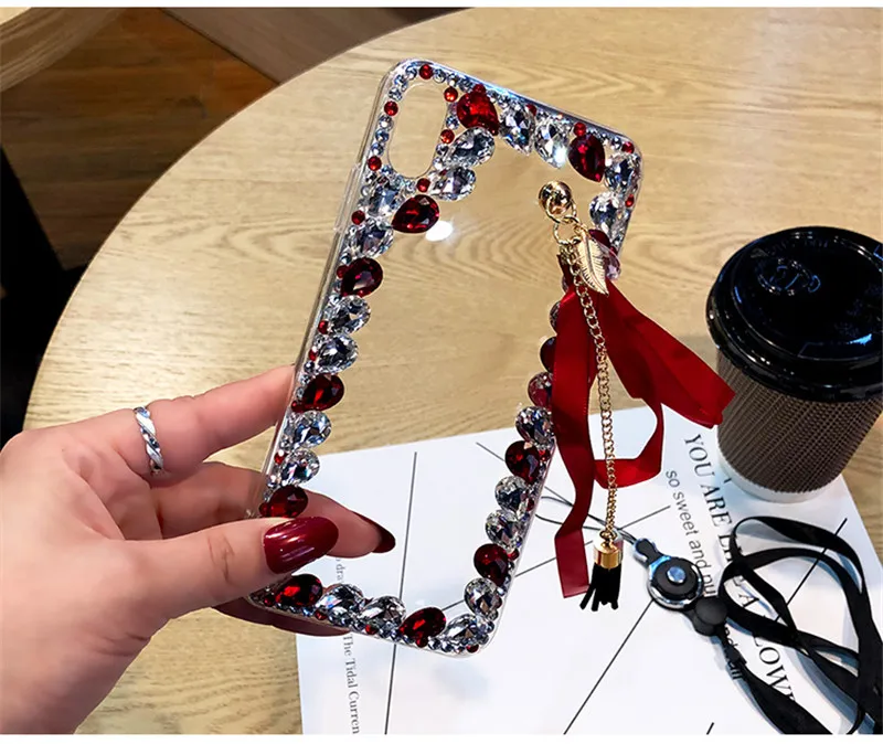 RED Стразы Funda для Oneplus 7 pro 7 6 6T 5 5T 7Tpro чехол 3D прозрачное стекло камень лента кисточка ручной работы Telefon Kilifi чехол для телефона - Цвет: RED