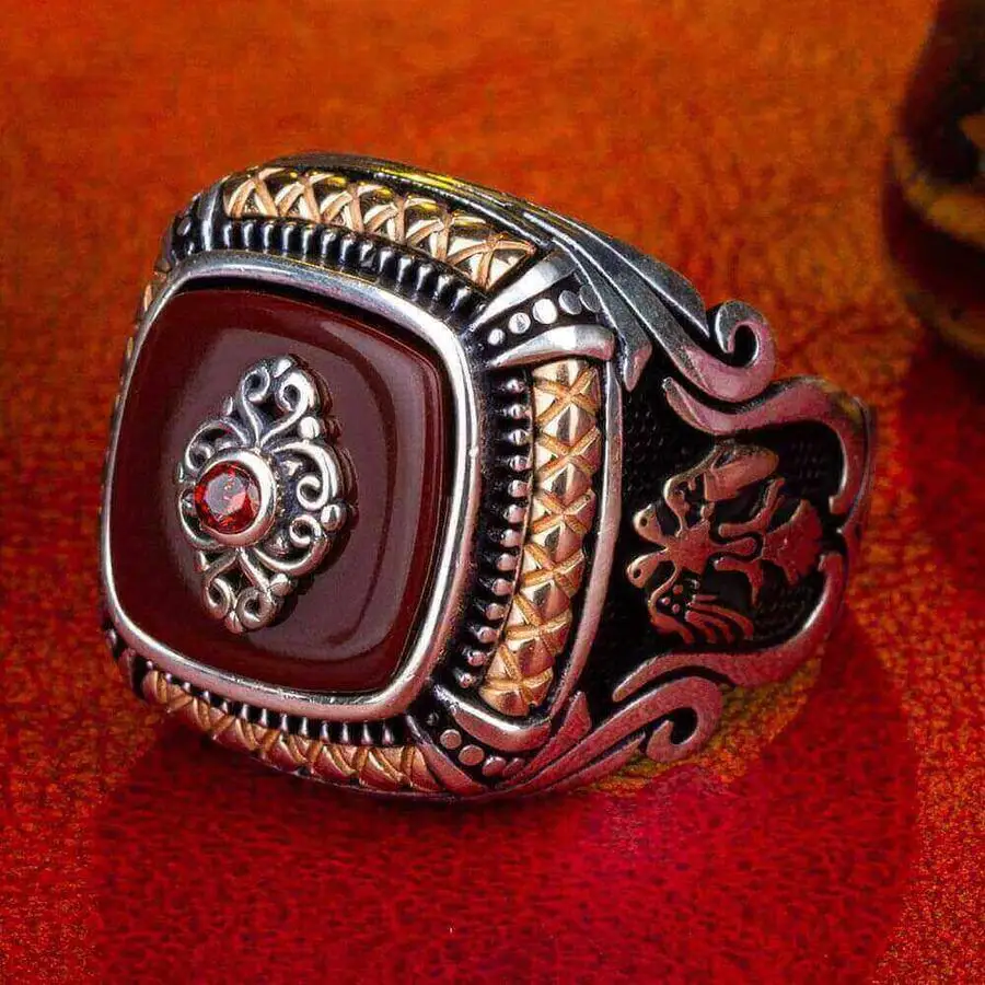 

Vintage Square Silver Ring Red Onyx Gemstone Men Ring Double Style Hawk Ring Animal Ornate Jewelry Perfect Men Gift