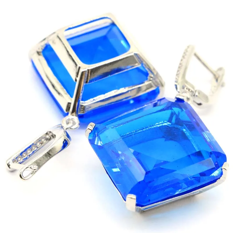 45x22mm Big Heavy 20g European Style Created Paris Blue Topaz CZ Christmas Present Silver Earrings