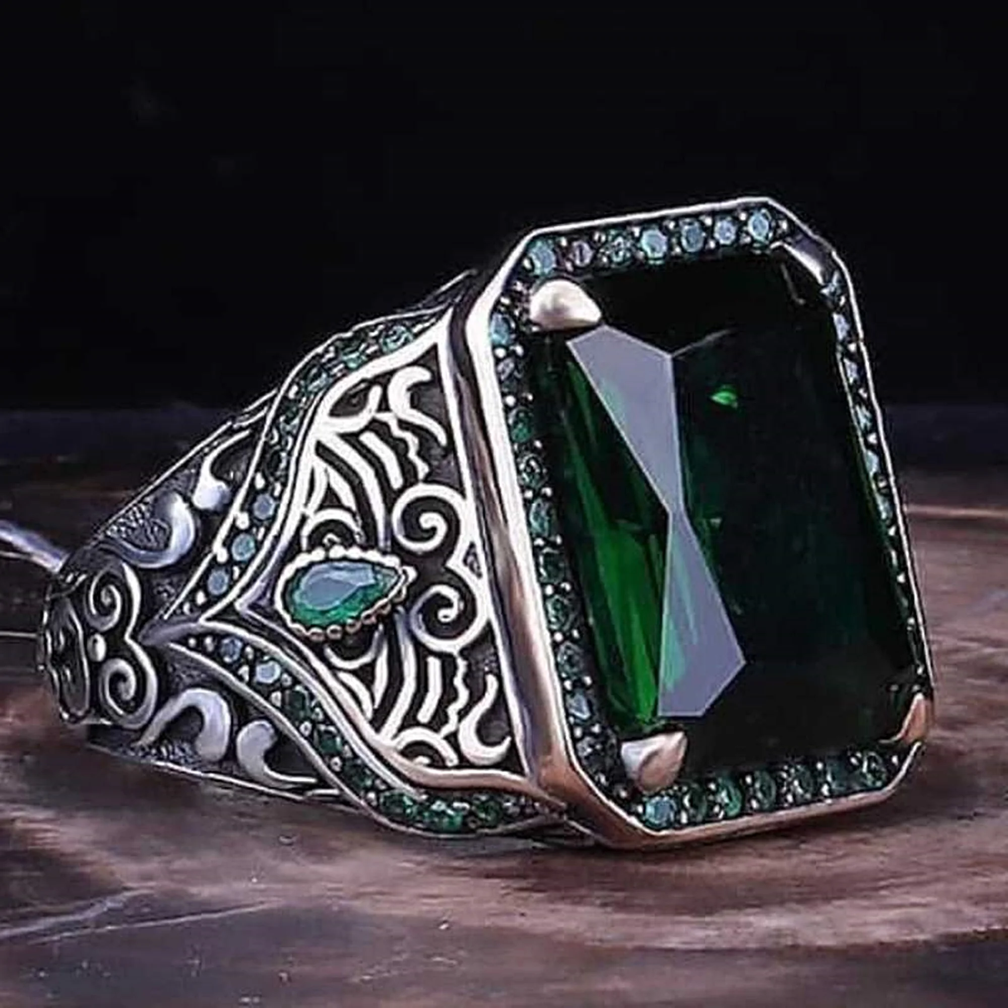 

Silver men's ring 925 sterling Turkish handmade jewelry green zircon all size
