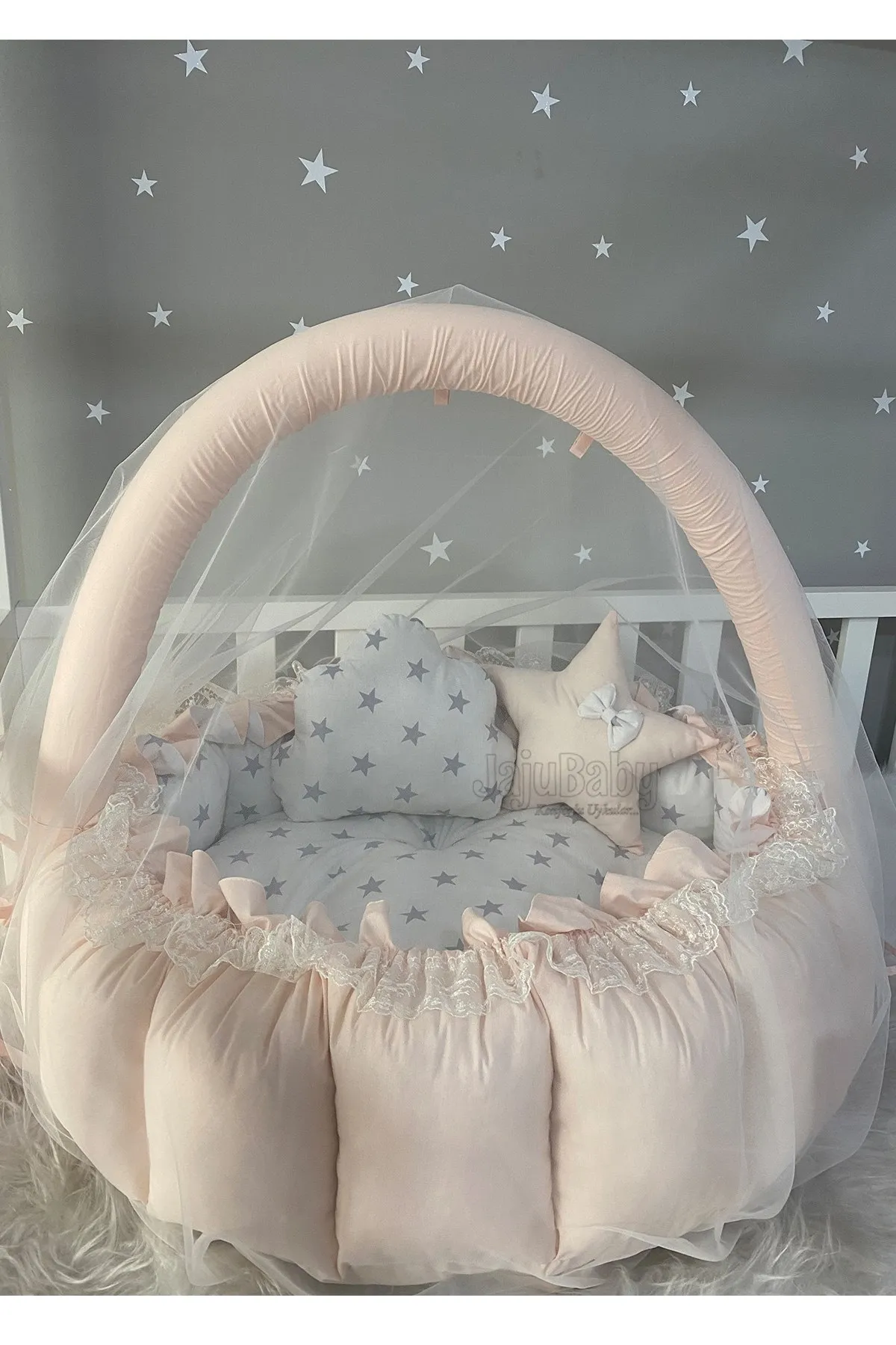 Jaju Baby Handmade Salmon Color Open-Close Play Mat Babynest with Mosquito Net Apparatus