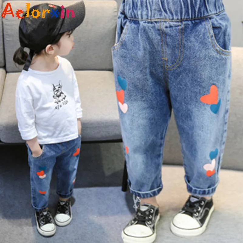 

Джинсы для девочек 5, 7, 9, 11 лет, с принтом в виде сердца