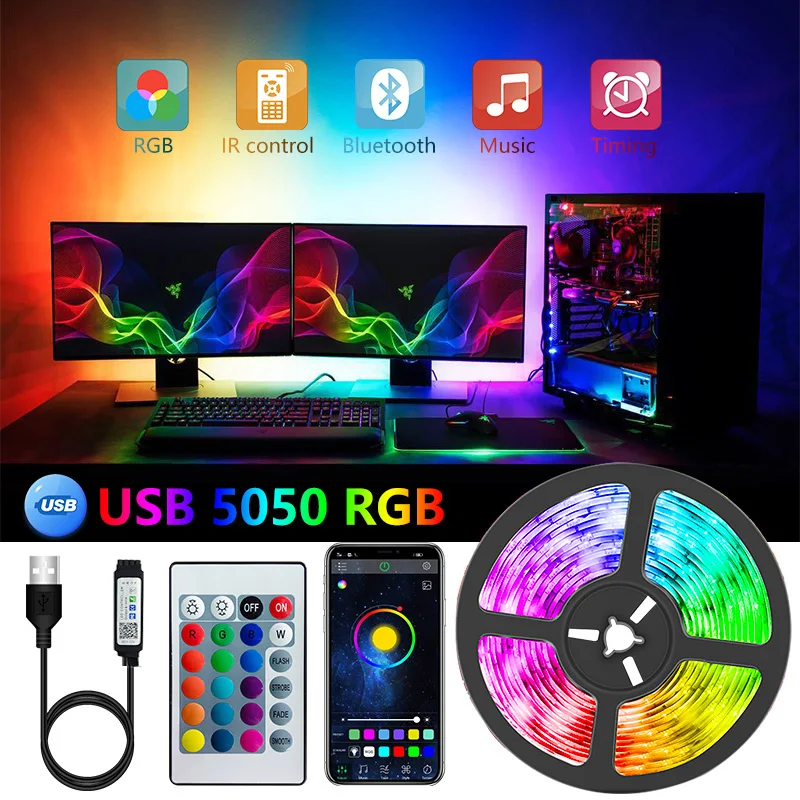 

LED Strip 5V 1-30M USB Flexible TV Backlight Lamp 5050 RGB Tape Diode Phone Bluetooth APP Background Lights For Room Luces Led