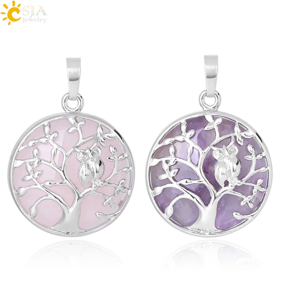 

CSJA Tree of Life Pendant Necklace Natural Stone Flat Bead Owl on Trees Crystal Beads Pendants Handmade Reiki Charm Jewelry F337