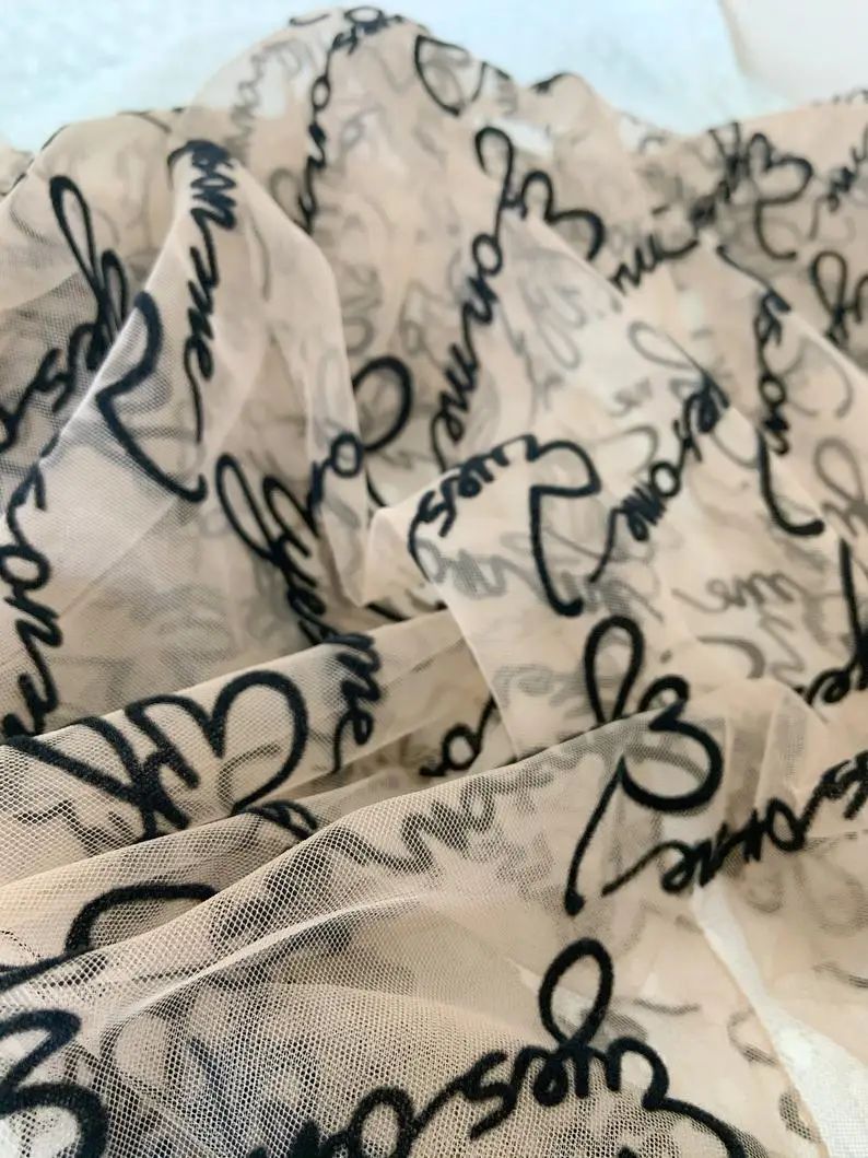 1 ярд вышитые Тюлевая сетчатая кружевная ткань с бархатом слова эластичные